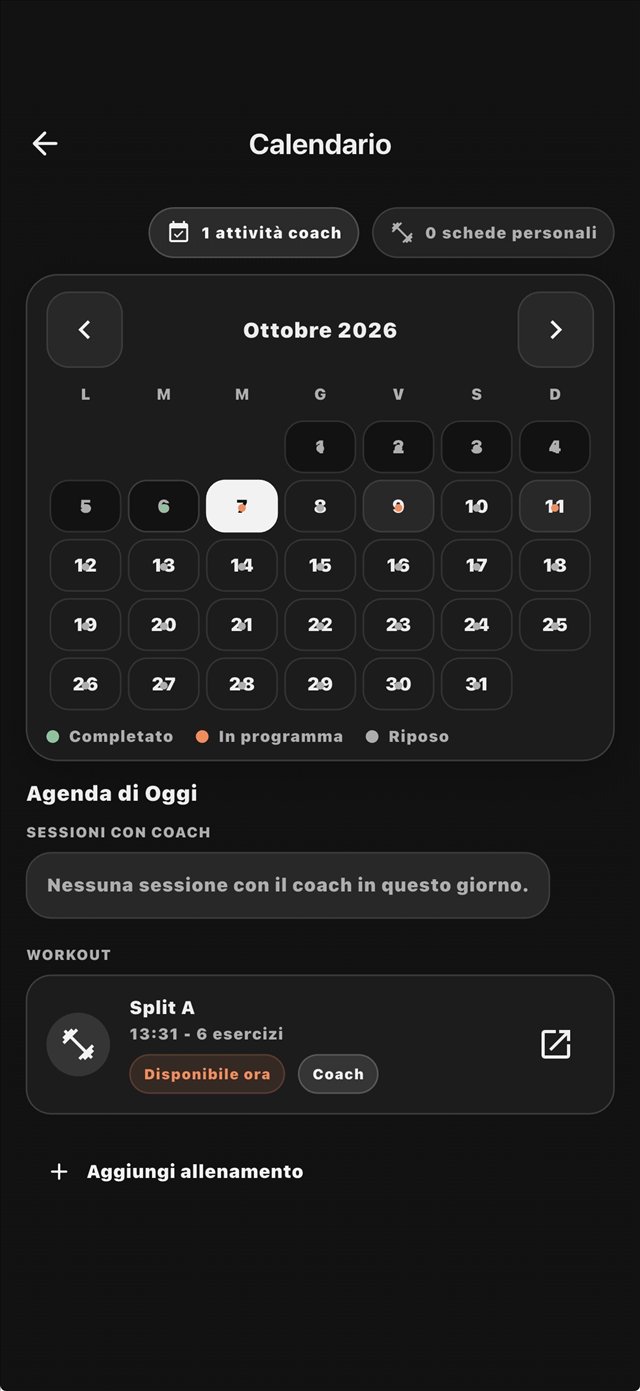Calendario di SpotMe con l'agenda di oggi e i workout in programma