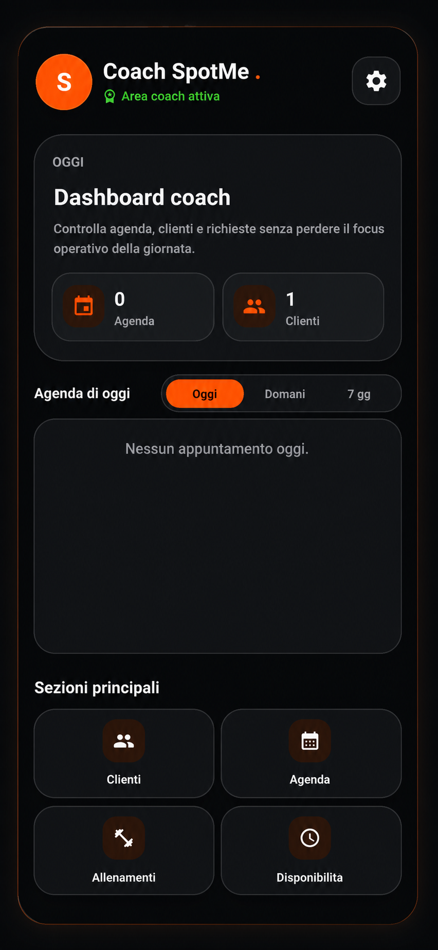 Dashboard coach di SpotMe con agenda, clienti e accesso alle sezioni principali